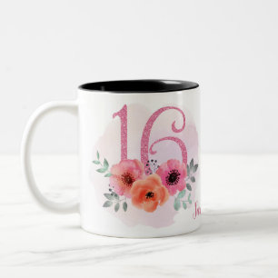 Sweet 16 Birthday Pink Watercolor Floral Glitter Two-Tone Coffee Mug