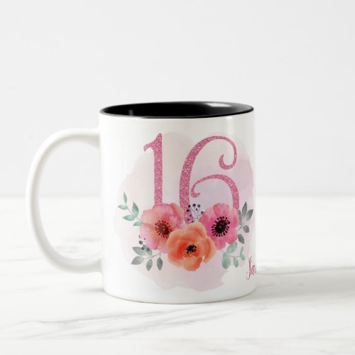 Sweet 16 Birthday Pink Watercolor Floral Glitter Two_Tone Coffee Mug