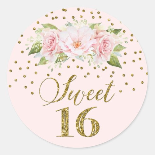 Sweet 16 Birthday Pink Watercolor Floral Gold Dots Classic Round Sticker