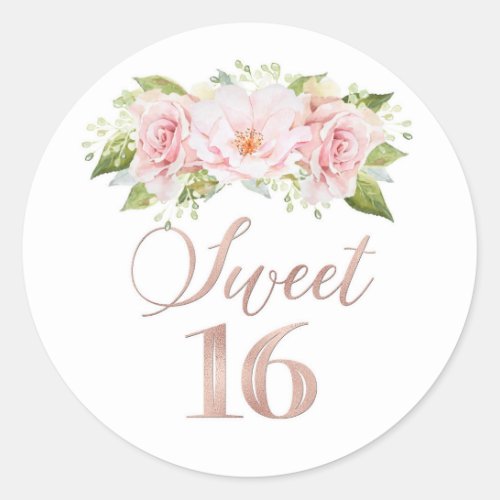 Sweet 16 Birthday Pink Watercolor Floral Rose Gold Classic Round Sticker