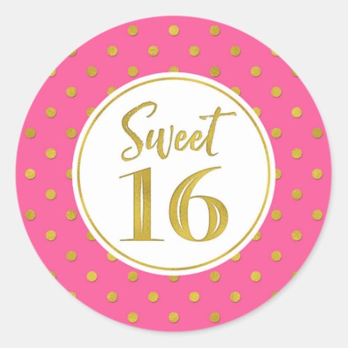 Sweet 16 Birthday Pink White Gold Dots Classic Round Sticker