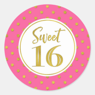 Sweet 16 Birthday Pink White Gold Dots Classic Round Sticker