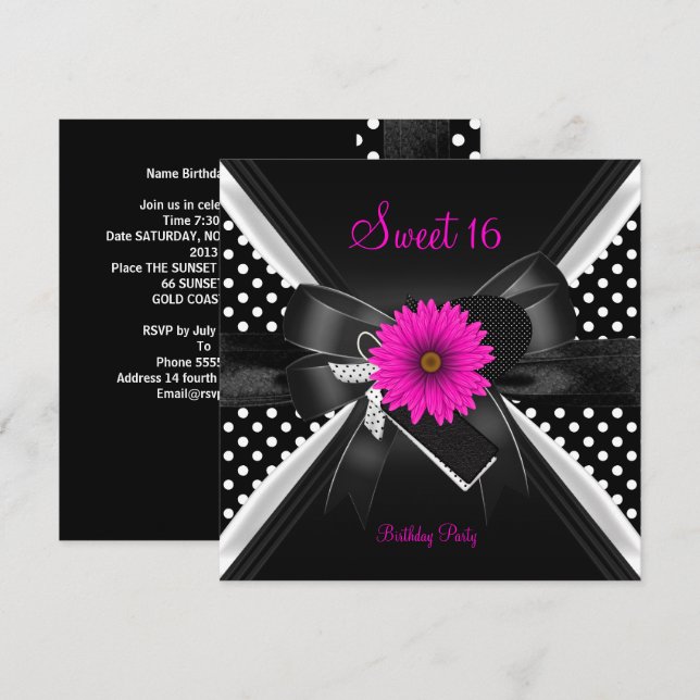 Sweet 16 Birthday Polka Dot  Black White Pink Invitation (Front/Back)