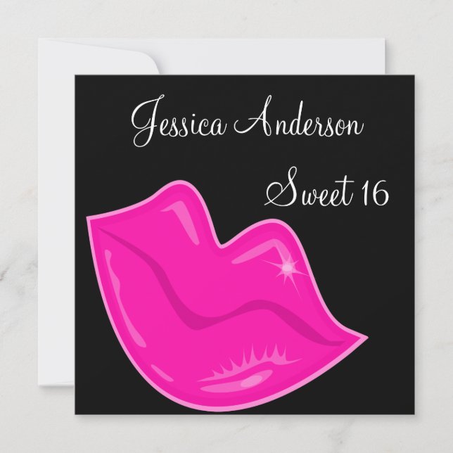 Sweet 16 Birthday Pretty Pink Lips on Black 2 Invitation (Front)