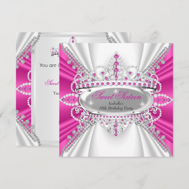 Sweet 16 Birthday Princess Hot Pink Diamonds Tiara Invitation (Front/Back)