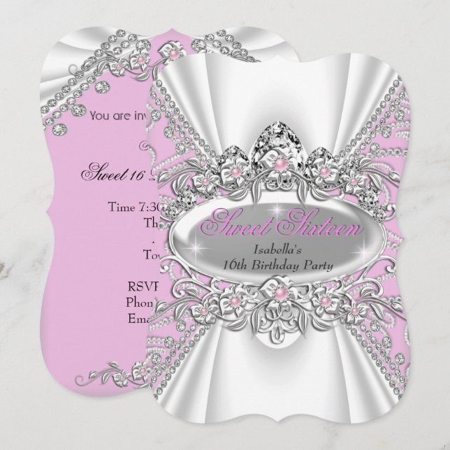 Sweet 16 Birthday Princess Pink Diamonds Tiara 3 Invitation (Front/Back)