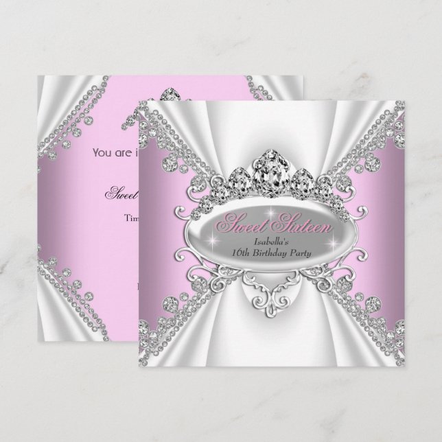 Sweet 16 Birthday Princess Pink Diamonds Tiara Invitation (Front/Back)