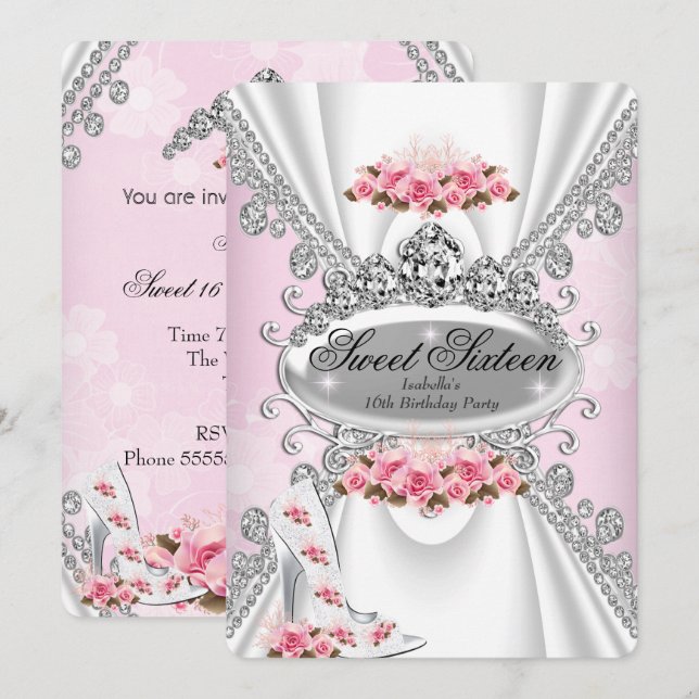 Sweet 16 Birthday Princess Pink Tiara Rose Heels 2 Invitation (Front/Back)