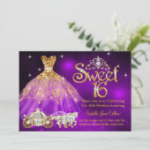Sweet 16 Birthday Purple Dress Tiara Carriage Invitation (Standing Front)