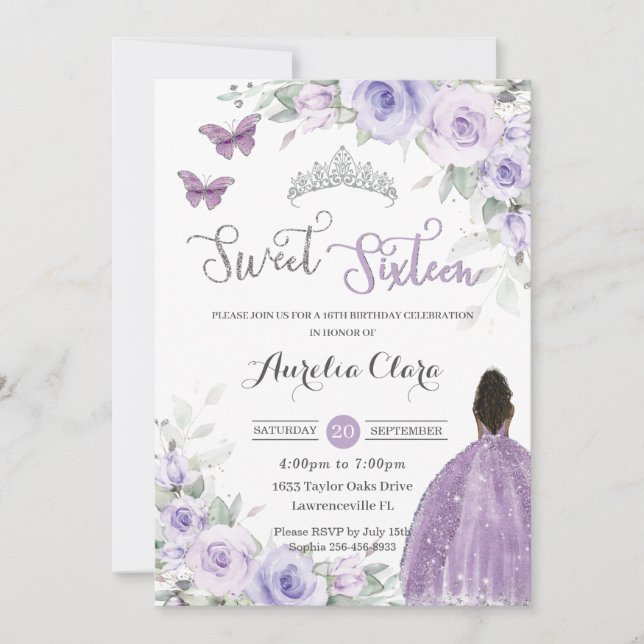 Sweet 16 Birthday Purple Floral Brown Princess Invitation (Front)
