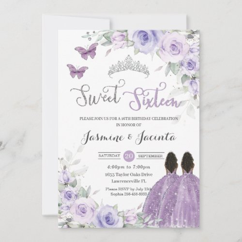 Sweet 16 Birthday Purple Floral Brown Princesses  Invitation
