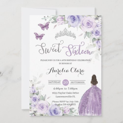 Sweet 16 Birthday Purple Floral Dress Princess Invitation