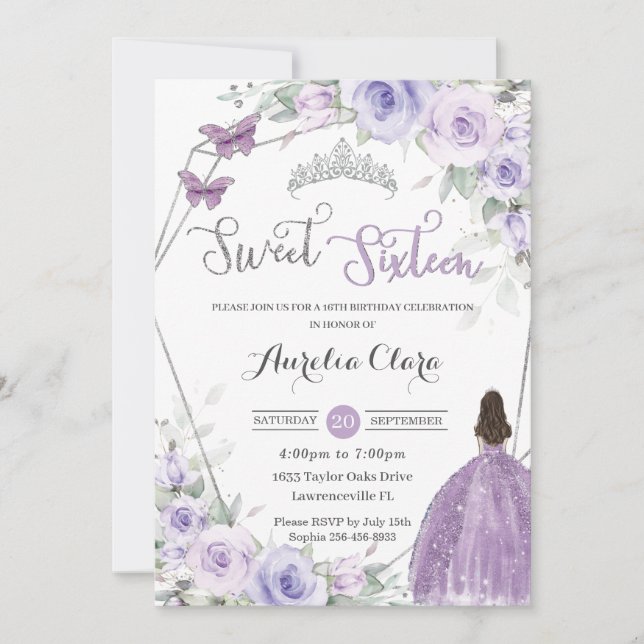 Sweet 16 Birthday Purple Floral Princess Silver Invitation (Front)