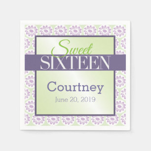 Sweet 16 Birthday Purple Flowers on Green Paper Napkins