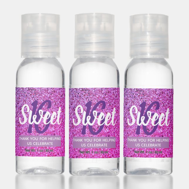 Sweet 16 Birthday Purple Glitter Party Favor Hand Sanitizer (Set)