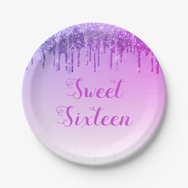 Sweet 16 Birthday Purple Glitter Sparkle Paper Plates (Front)