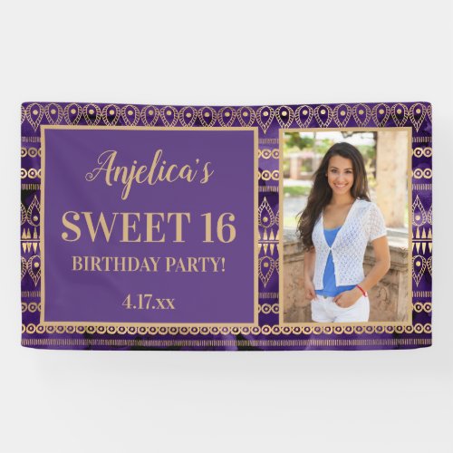 Sweet 16 Birthday Purple Gold Boho Photo Banner