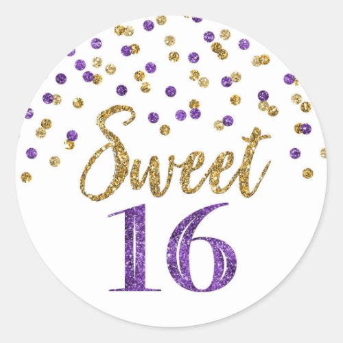 Sweet 16 Birthday Purple Gold Confetti Classic Round Sticker