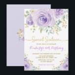 Sweet 16 Birthday Purple Gold Floral Sweet Sixteen Invitation<br><div class="desc">This feminine design features gorgeous watercolor purple roses with gold leaf accents</div>