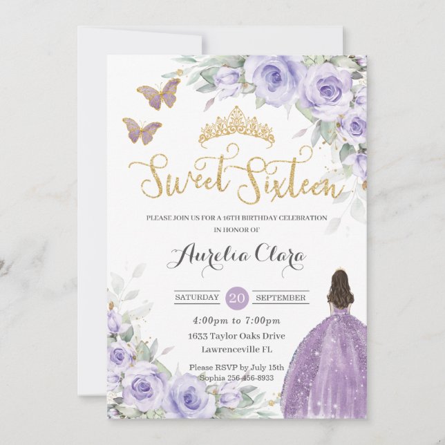 Sweet 16 Birthday Purple Lavender Floral Princess  Invitation (Front)