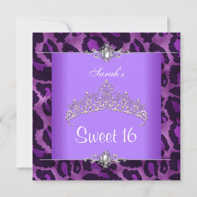 Sweet 16 Birthday Purple Leopard Silver Tiara 2 Invitation (Front)