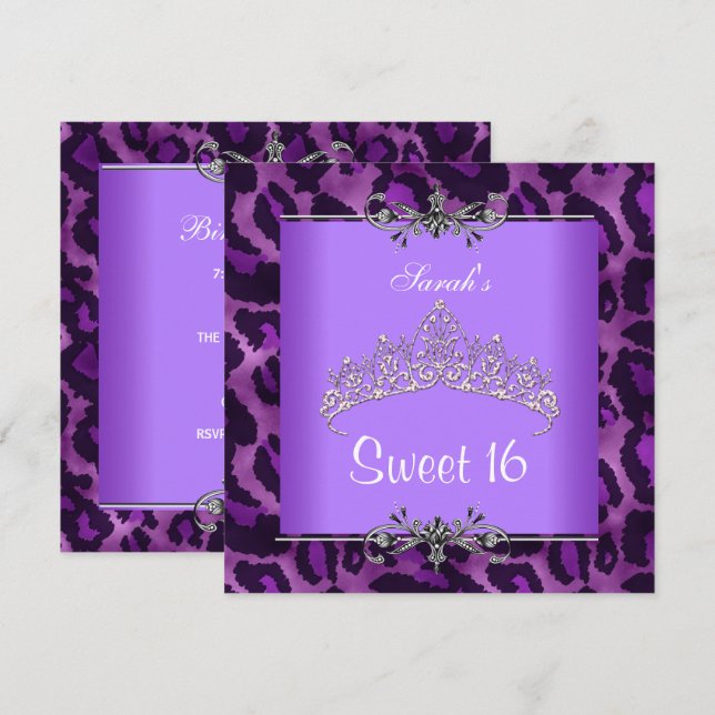 Sweet 16 Birthday Purple Leopard Silver Tiara Invitation (Front/Back)