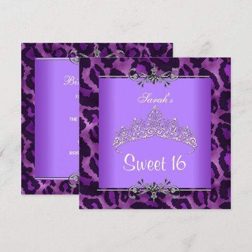 Sweet 16 Birthday Purple Leopard Silver Tiara Invitations