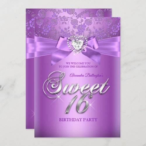 Sweet 16 Birthday Purple Lilac Diamond Heart Invitation