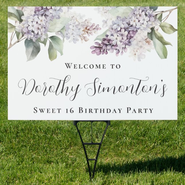 Sweet 16 Birthday Purple Lilac Flower Welcome Yard Sign (Insitu)
