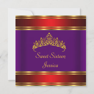 Sweet 16 Birthday purple Red Gold  Tiara Invitation
