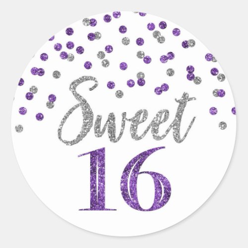 Sweet 16 Birthday Purple Silver Confetti Classic Round Sticker