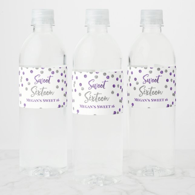 Sweet 16 Birthday Purple Silver Confetti Water Bottle Label (Bottles)