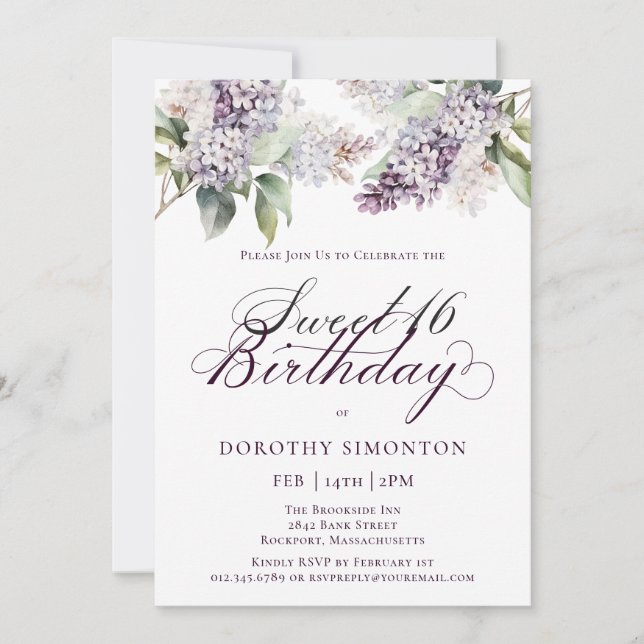 Sweet 16 Birthday Purple Spring Lilac Flower Invitation (Front)