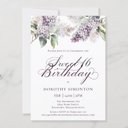 Sweet 16 Birthday Purple Spring Lilac Flower Invitation