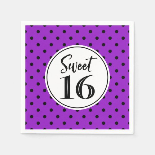 Sweet 16 Birthday Purple White Black Dots Napkins