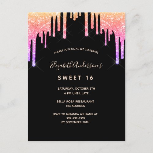 Sweet 16 birthday rainbow glitter black invitation postcard
