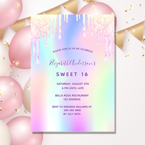 Sweet 16 birthday rainbow glitter pink rose gold invitation