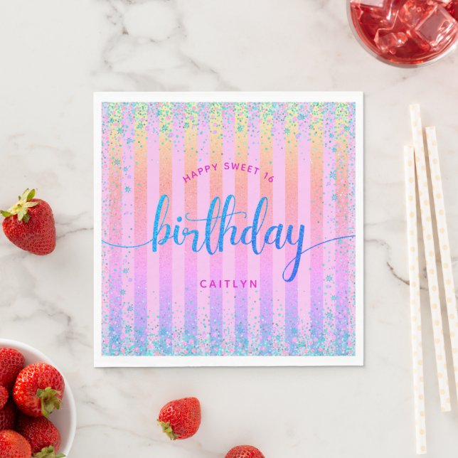 Sweet 16 birthday rainbow ombre glitter glam paper napkins (Insitu)