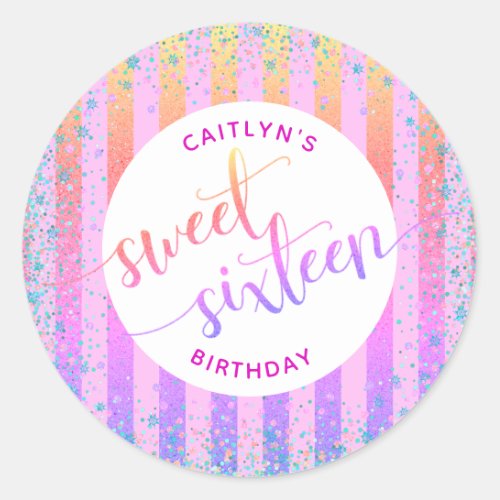 Sweet 16 birthday rainbow ombre glitter script classic round sticker