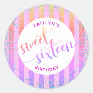 Sweet 16 birthday rainbow ombre glitter script classic round sticker