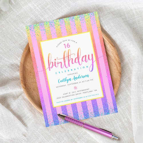 Sweet 16 birthday rainbow ombre glitter script invitation