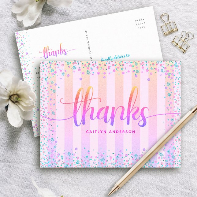 Sweet 16 birthday rainbow ombre glitter thank you postcard (Creator Uploaded)