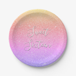 Sweet 16 Birthday Rainbow Pastel Glitter Paper Plates