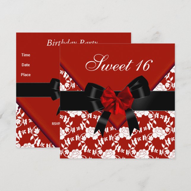 Sweet 16  Birthday Red Black White Floral Bow Invitation (Front/Back)