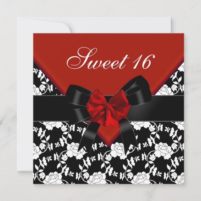 Sweet 16  Birthday Red Black White Floral Bow Invitation (Front)