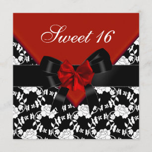 Sweet 16 Birthday Red Black White Floral Bow Invitation