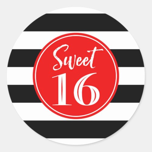 Sweet 16 Birthday Red Black White Stripes Classic Round Sticker