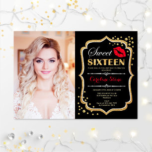 Sweet 16 Birthday Red Kiss Gold Black Photo Invitation