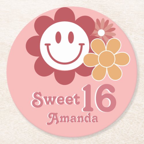 Sweet 16 Birthday Retro Name Pink Round Paper Coaster