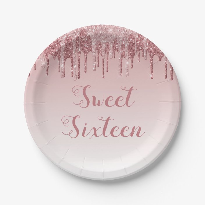 Sweet 16 Birthday Rose Gold Blush Pink Glitter Paper Plate